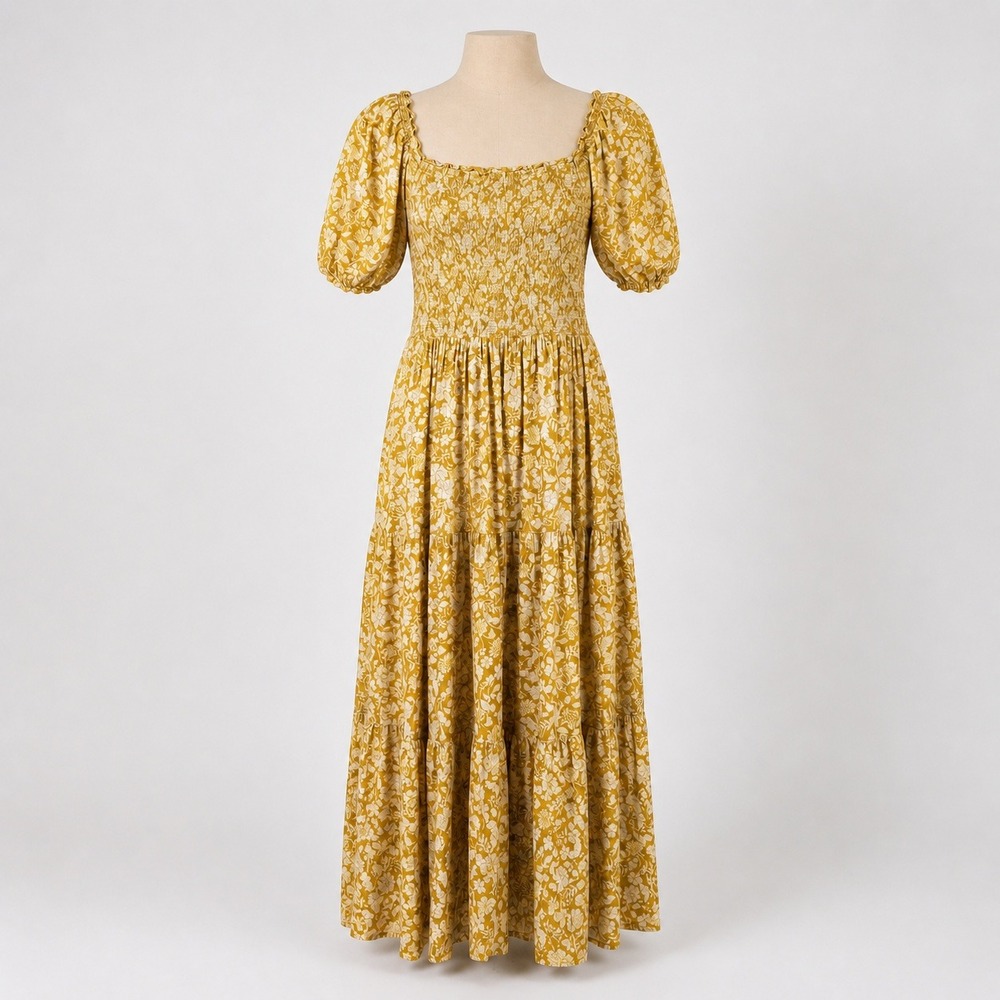 Floral Smocked Tiered Puff Sleeve Peasant Dress Size M Gold Cottagecore Prairie